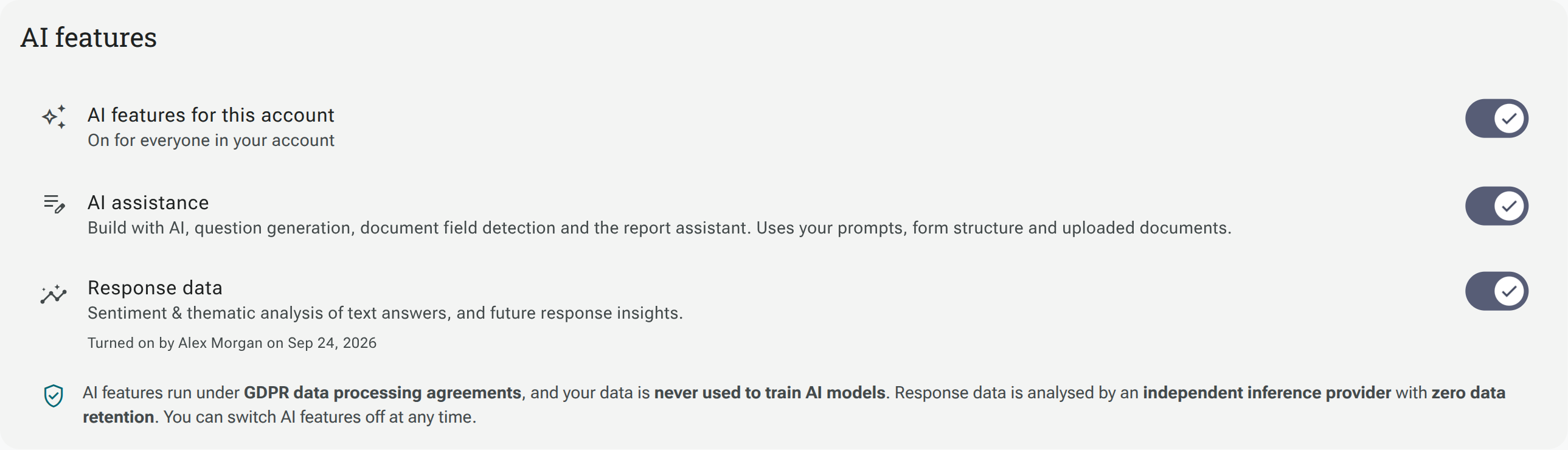 The entire AI features section in Account details, showing the account switch, AI assistance and Response data
