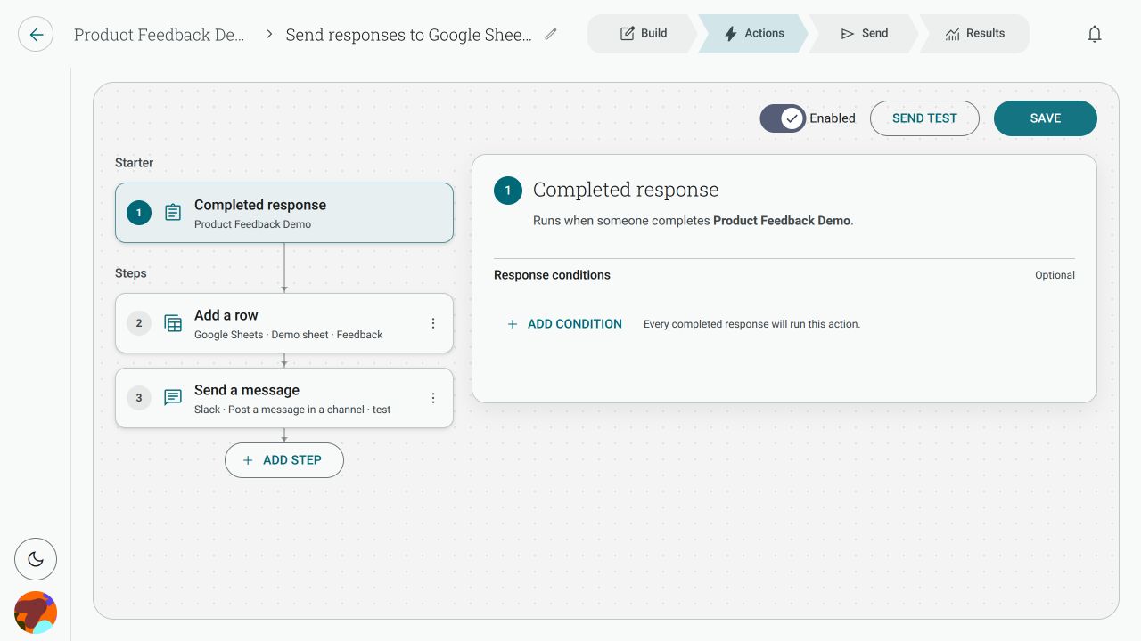 A saved two-step Action with Add a row and Send a message configured