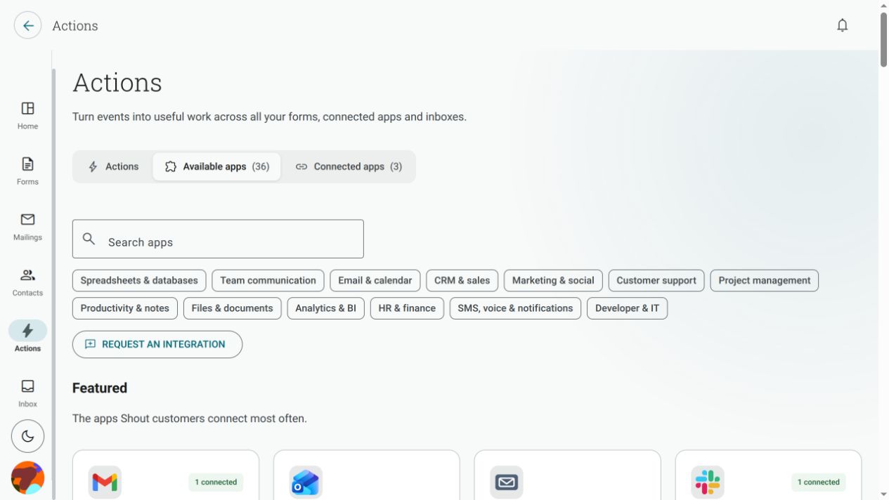The Available apps page with app search, category filters and featured connected apps