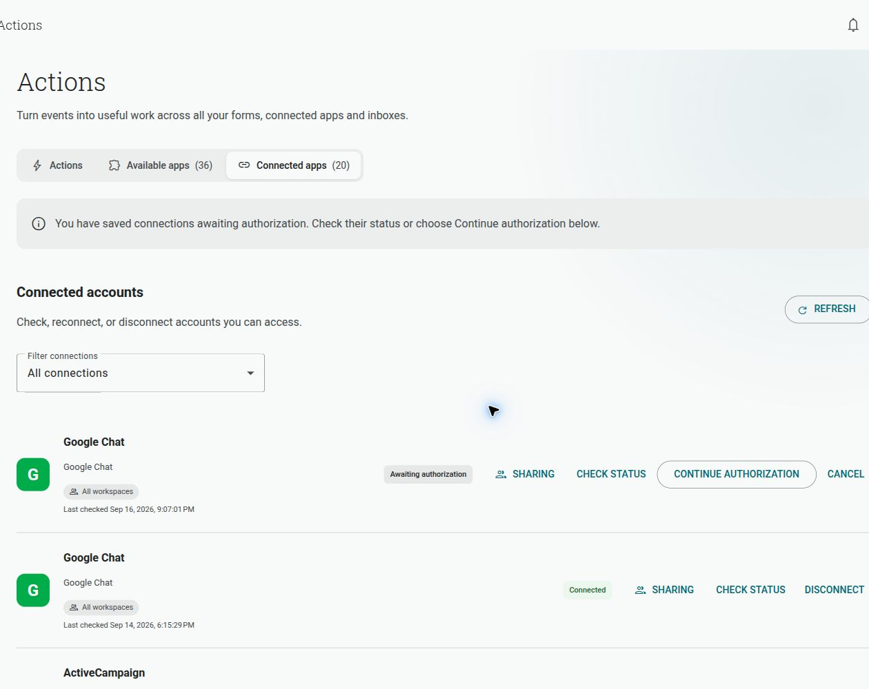 Connected accounts showing connection status, sharing controls and authorization actions