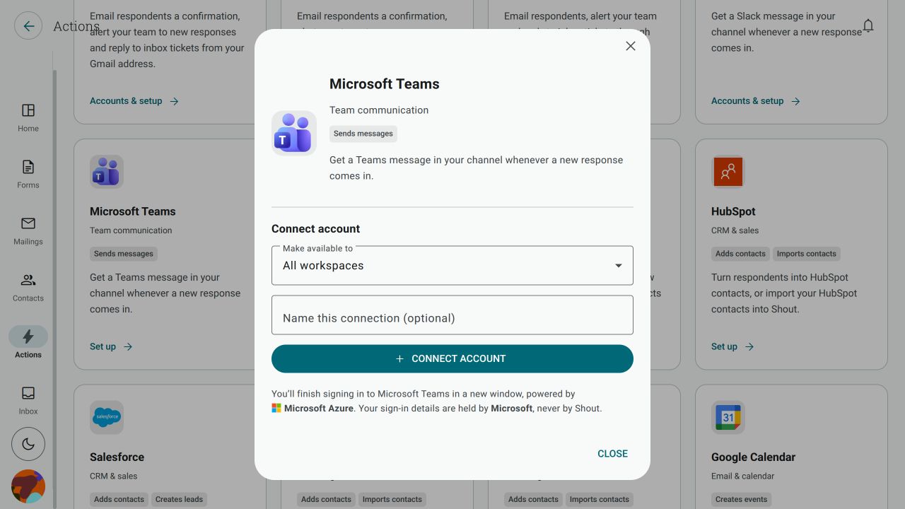 The Microsoft Teams connection dialog before third-party sign-in, showing the sharing choice and Azure disclosure
