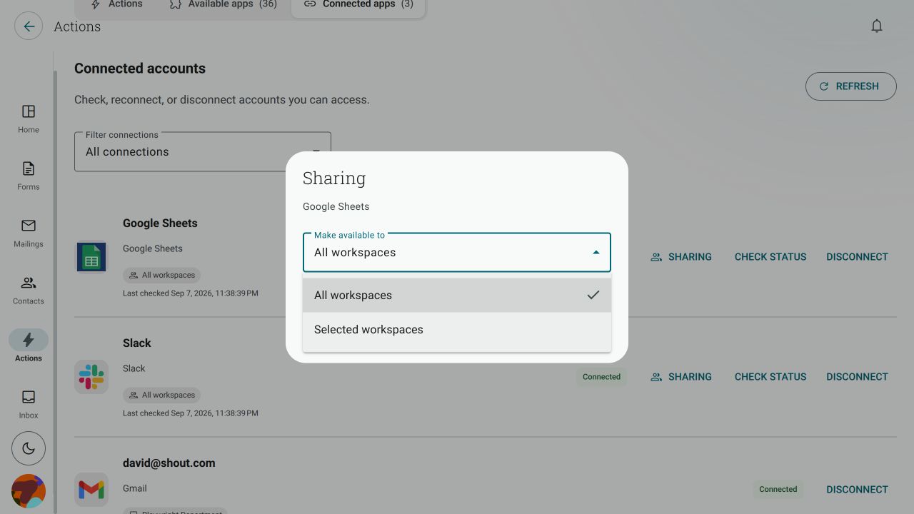 The Sharing dialog with All workspaces and Selected workspaces choices