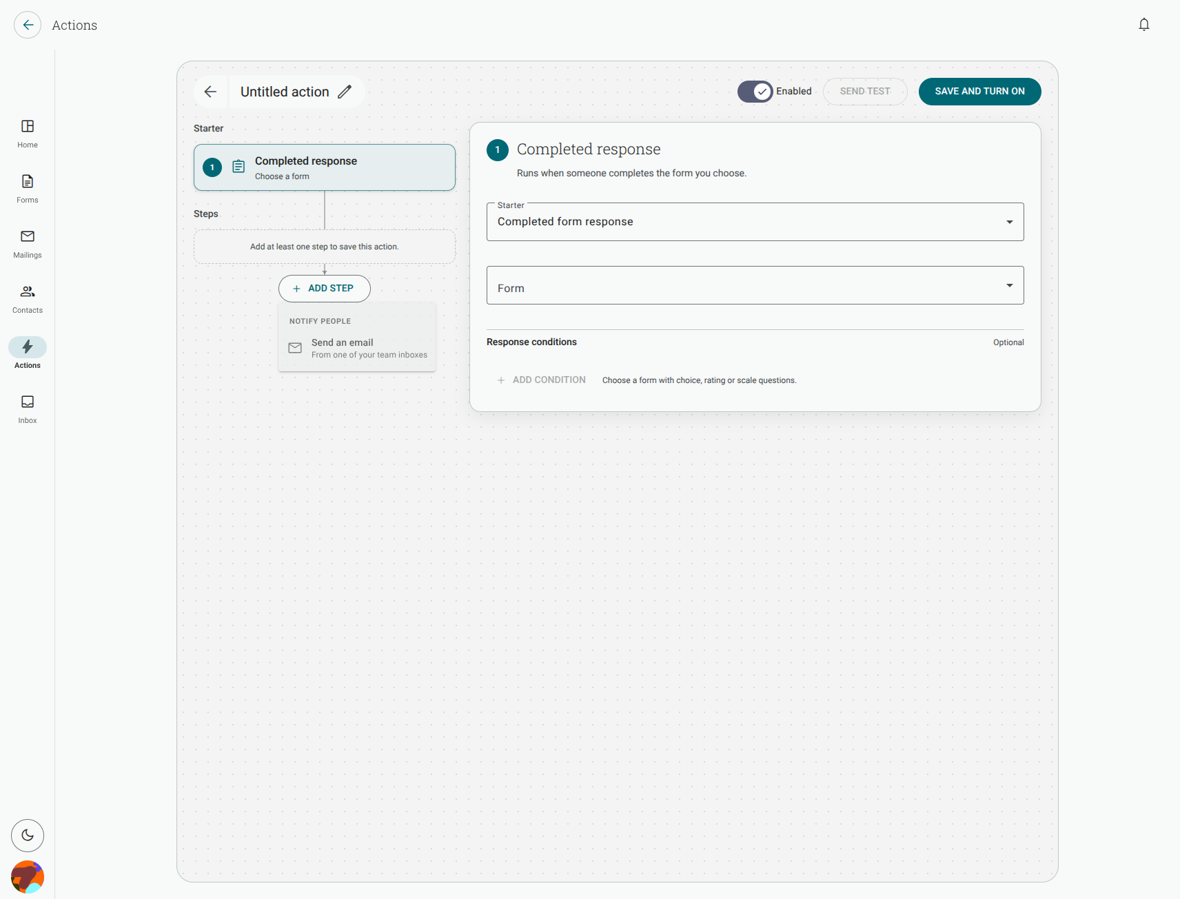 New Action editor showing where steps and mapped fields are configured