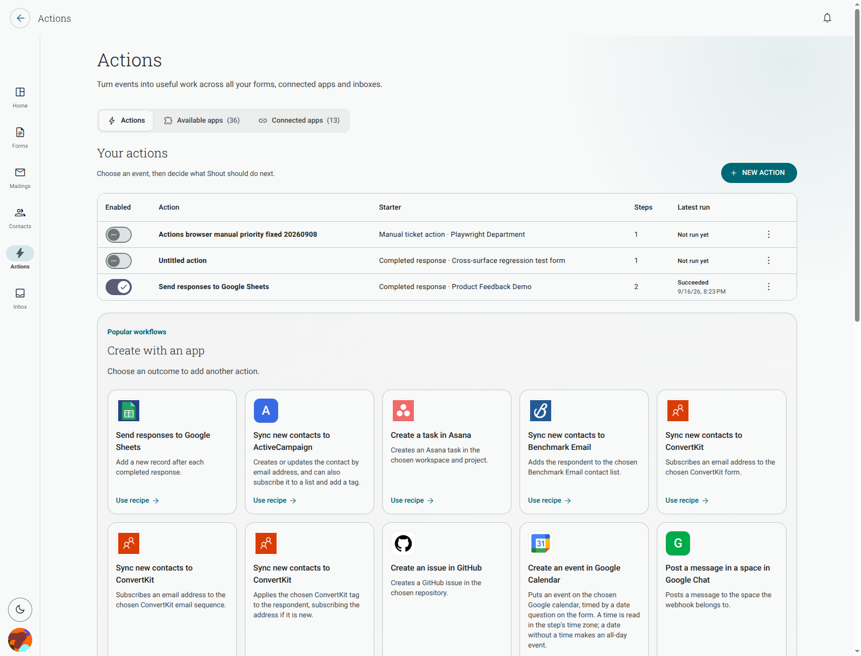 Actions list showing starters, enabled state and latest run status