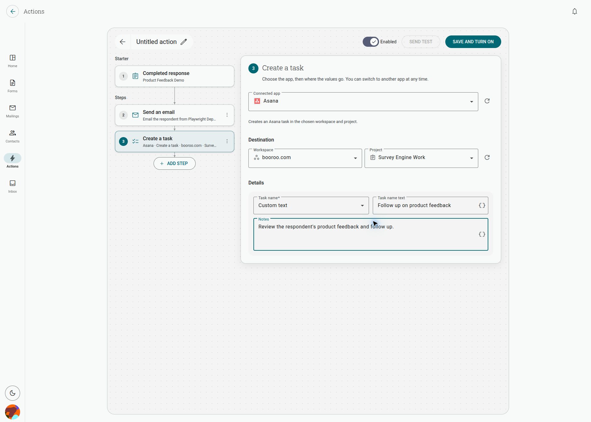 The Create a task step configured for Asana with a workspace, project, task name and notes