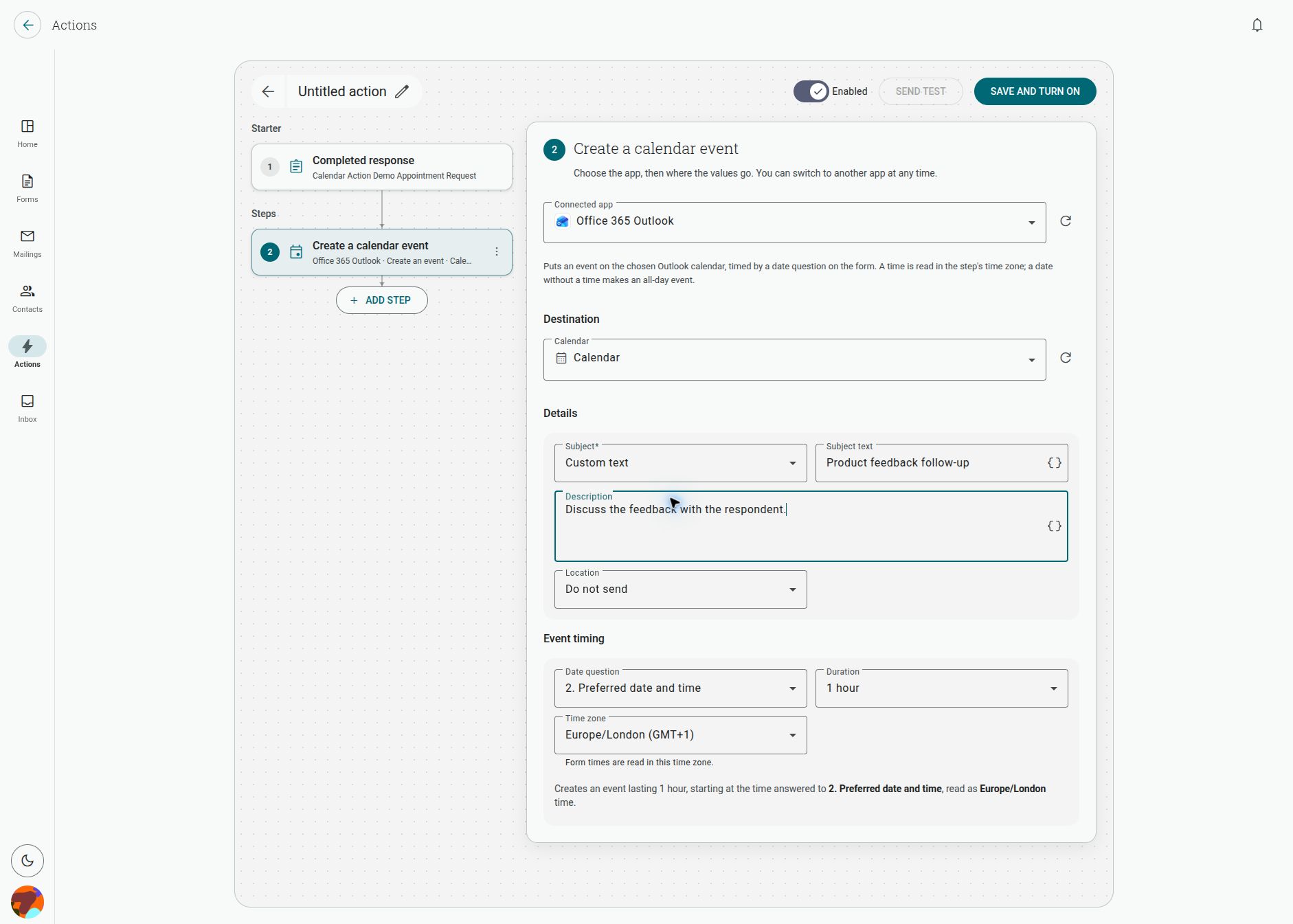 The Create a calendar event step configured for Office 365 Outlook with a date question, duration and time zone