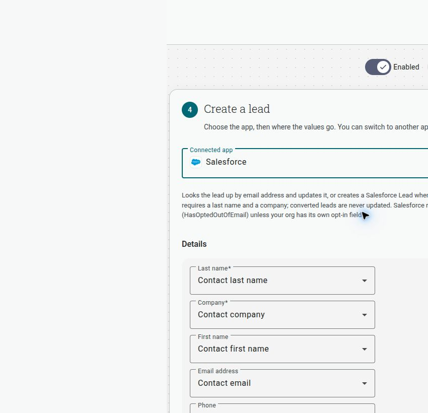 The Salesforce Create a lead step showing required last name and company mappings