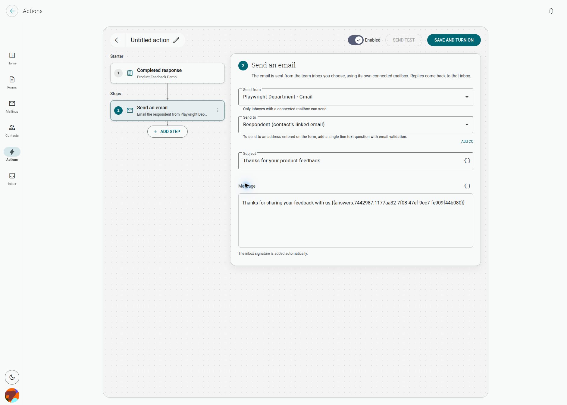 The Send an email step with a connected Gmail team inbox, respondent recipient, subject and message