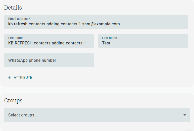 The New contact form, showing the Email address, First name, Last name and other detail fields, plus the Groups selector