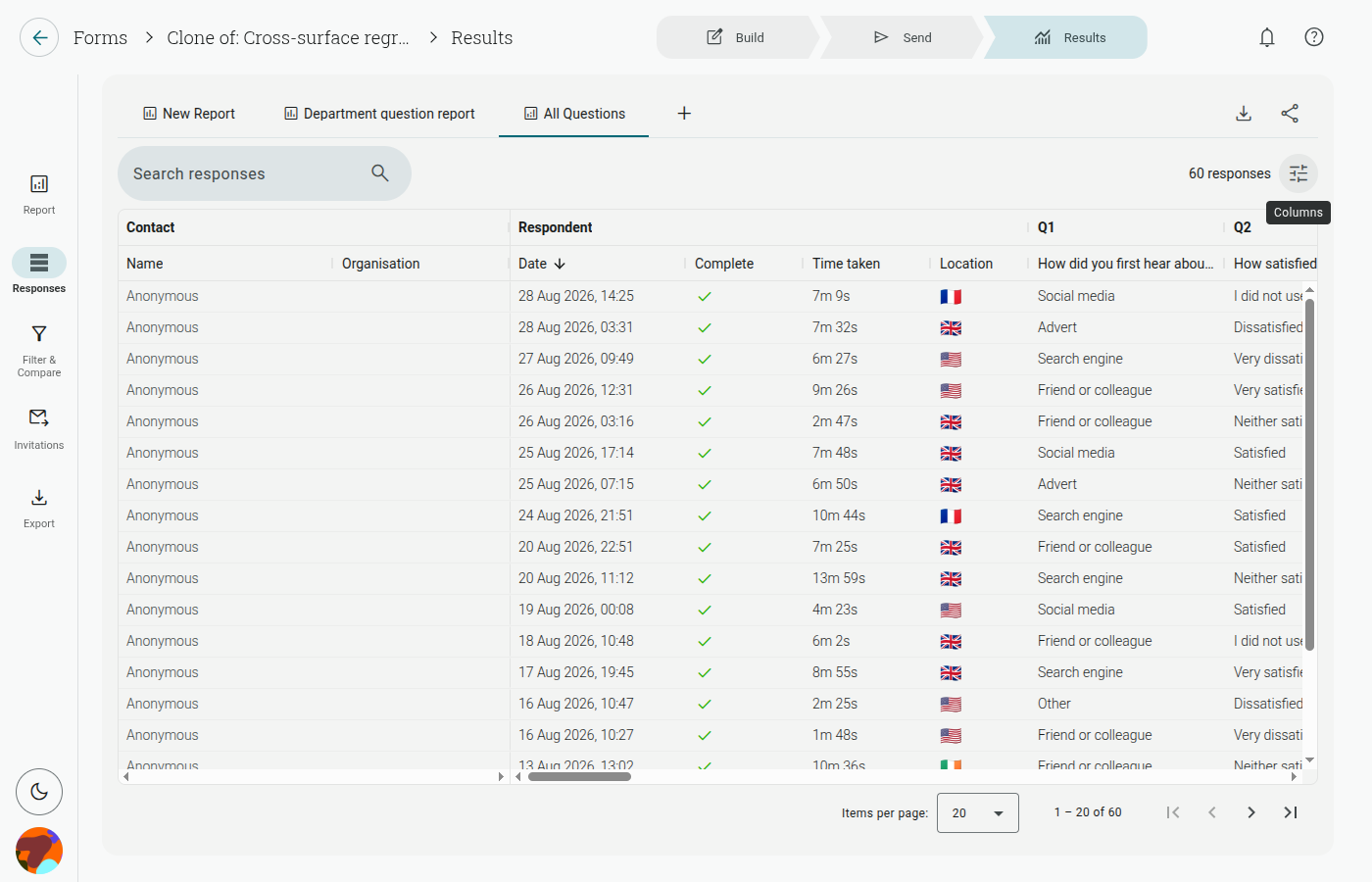 Responses table with searchable and sortable response rows