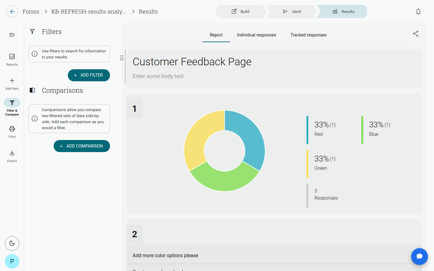 Survey report showing a doughnut chart for a closed question, with the report heading editable at the top