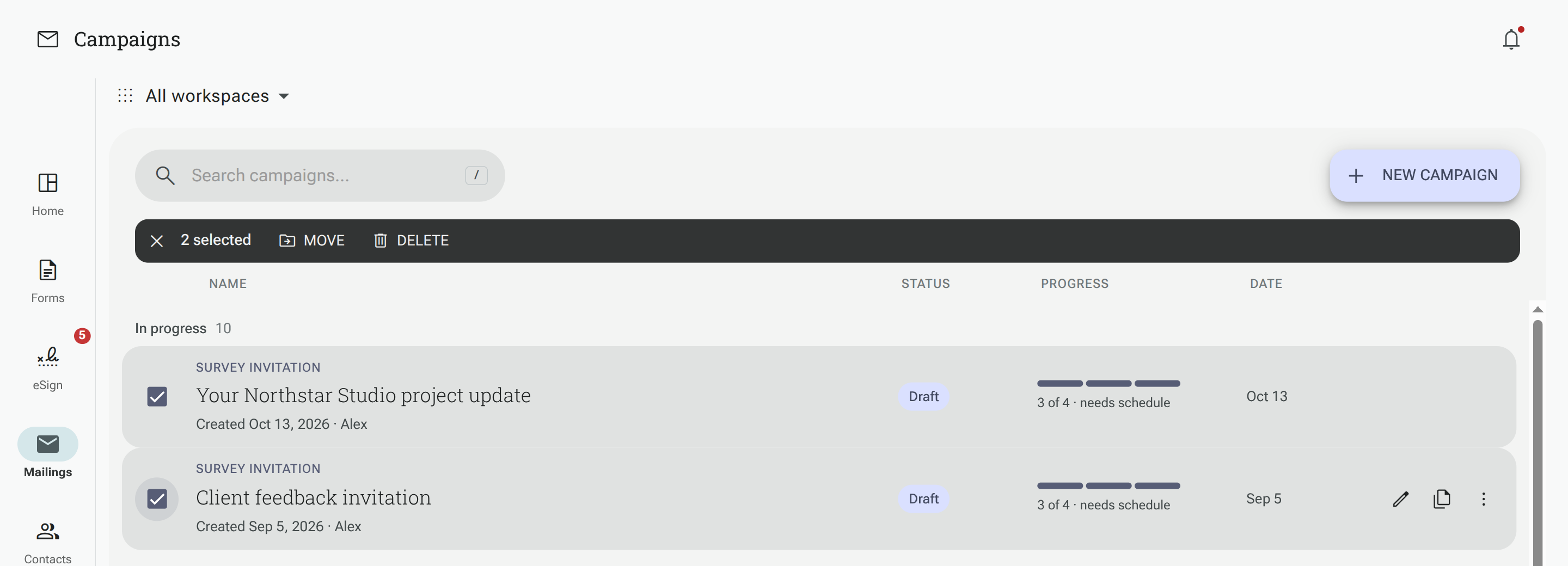 Two selected email campaigns with Move and Delete in the action bar
