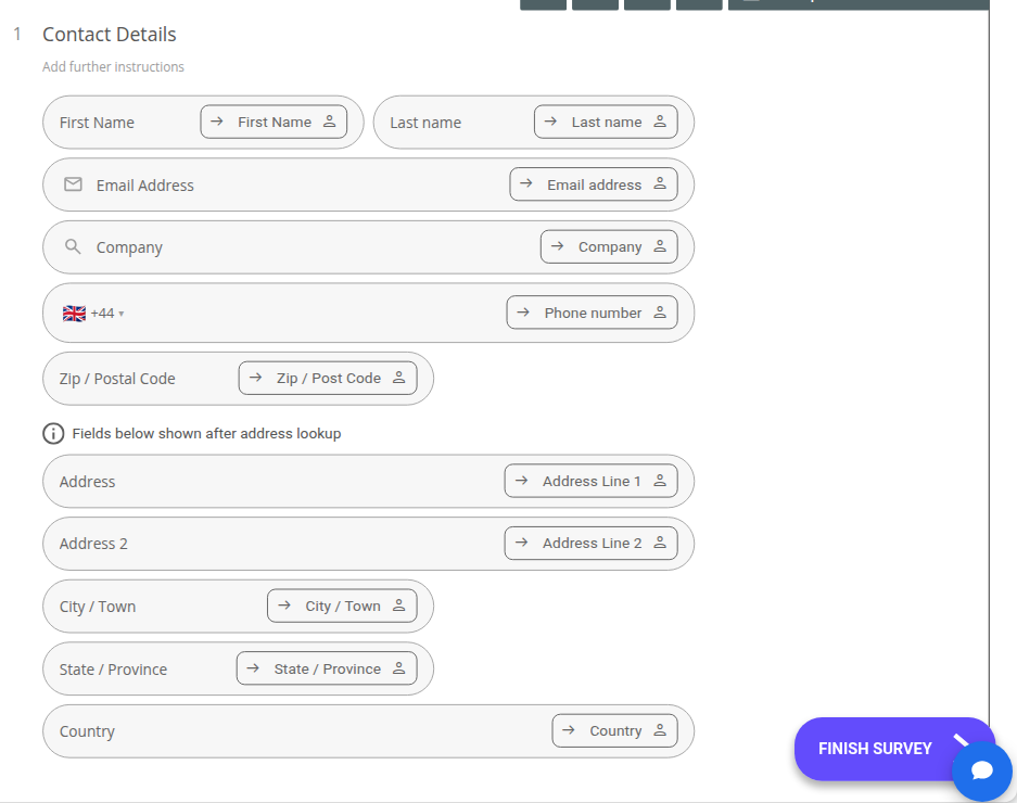 A Compact Contact Form question in the builder, with each field showing an arrow icon linking it to a contact field (First Name, Last name, Email address, Company, Phone number, Zip / Post Code, Address Line 1/2, City / Town, State / Province, Country)