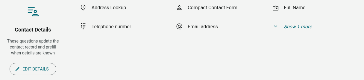 The Contact Details category in the + Question picker, showing Address Lookup, Compact Contact Form, Full Name, Telephone number and Email address options