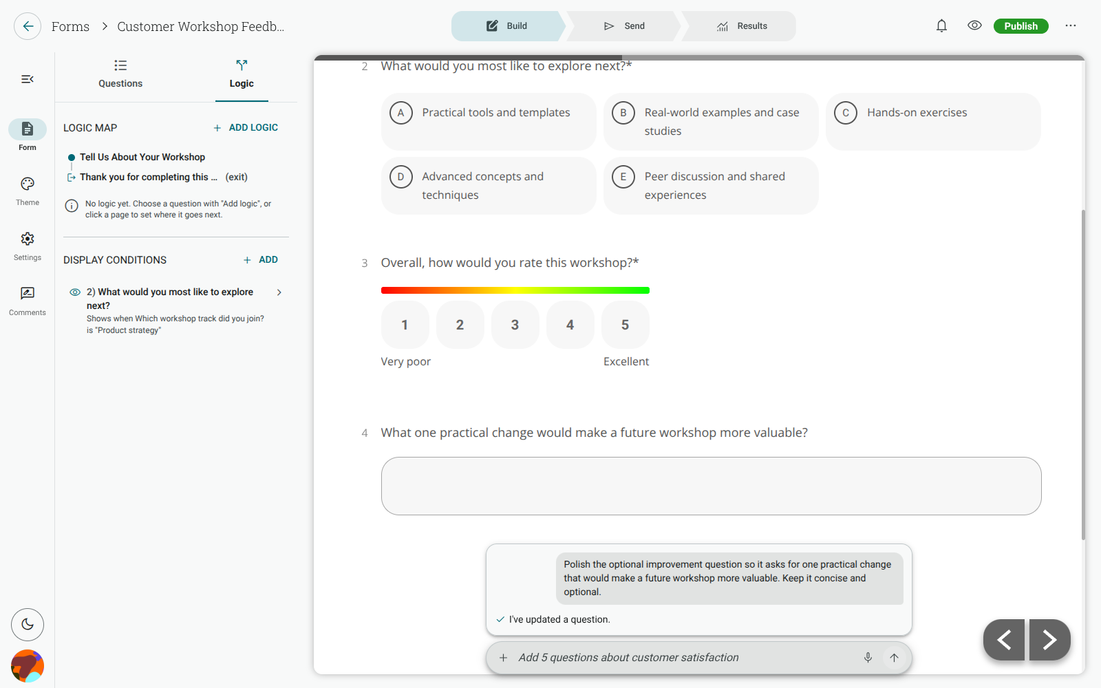 A saved choice-based display condition in the Logic tab