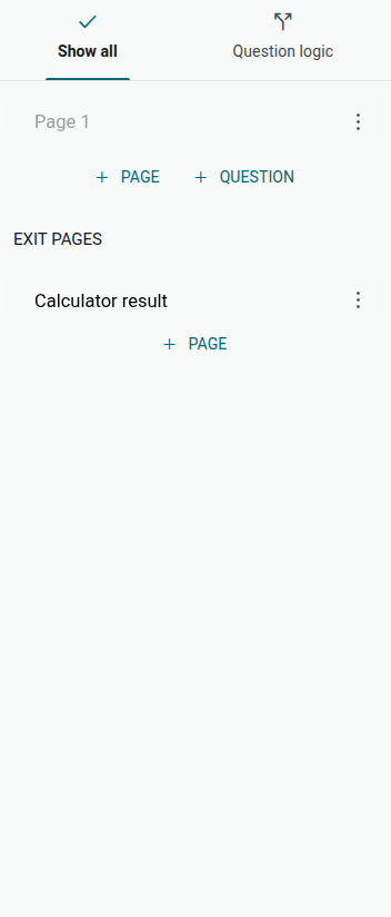 Form builder sidebar showing Page 1 and the + Question button