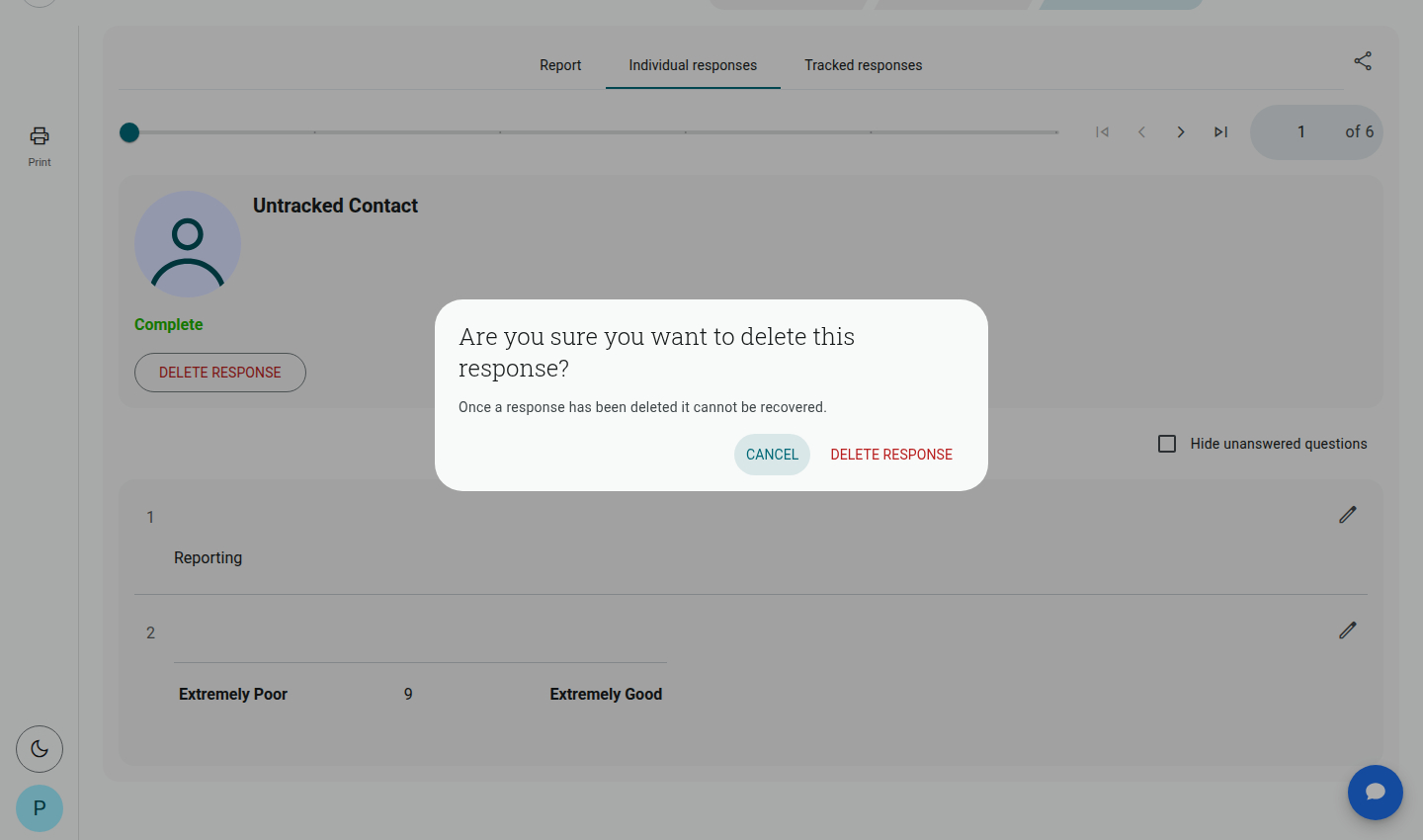 Delete Response confirmation dialog on the Individual responses tab