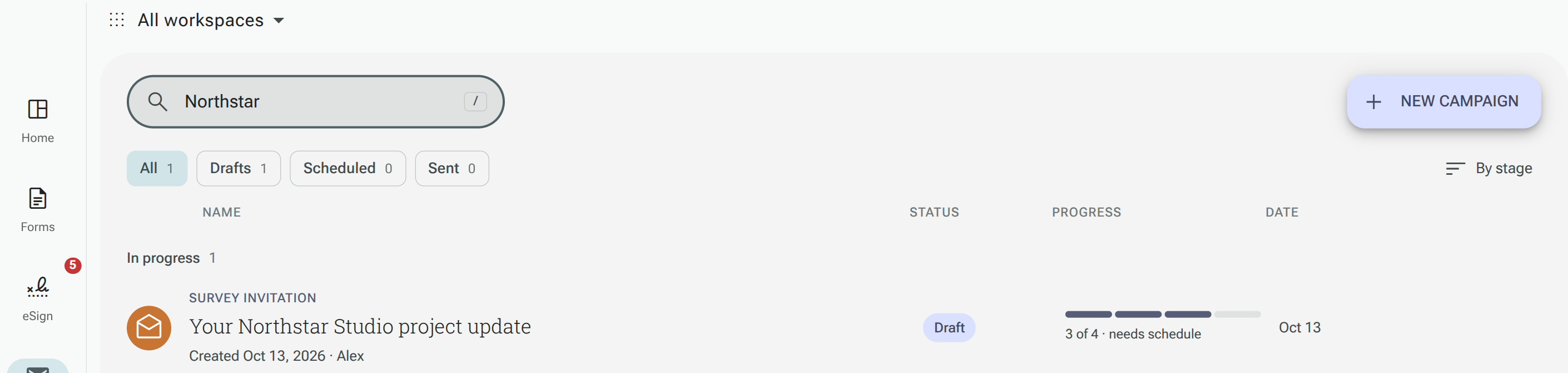 Campaign table filtered to a Northstar Studio draft