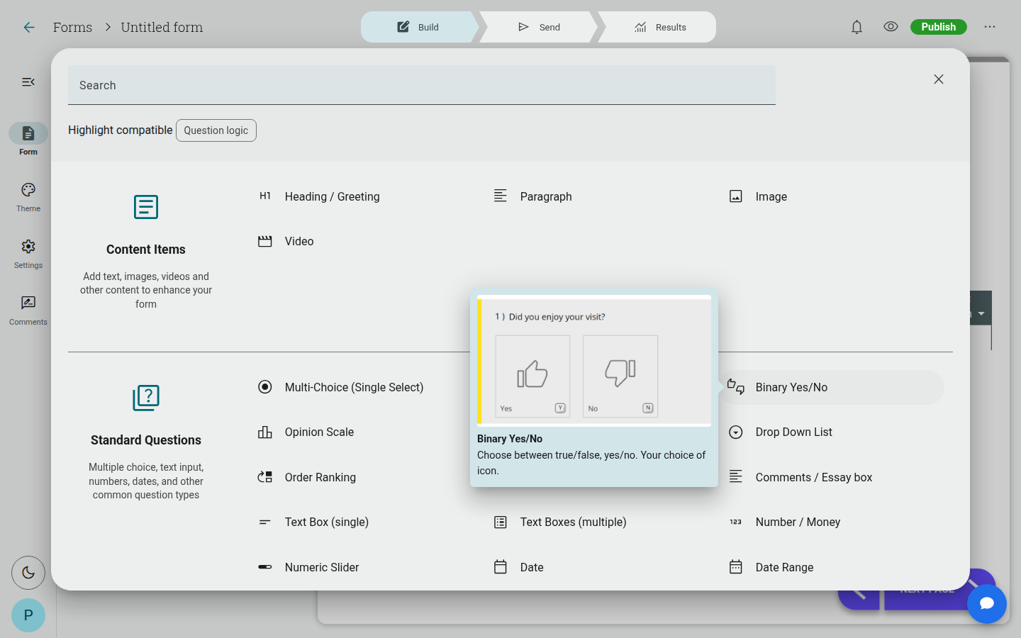 The Question Library, grouped into Content Items, Standard Questions, Contact Details, Special, Multi-Factor, Picture Choices, and Split Testing, with a hover preview