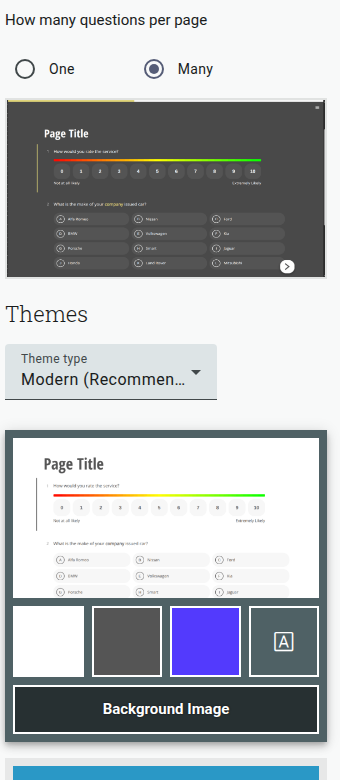 The Theme tab: Questions per page, a Themes gallery with a Theme type dropdown, and the selected theme's swatches
