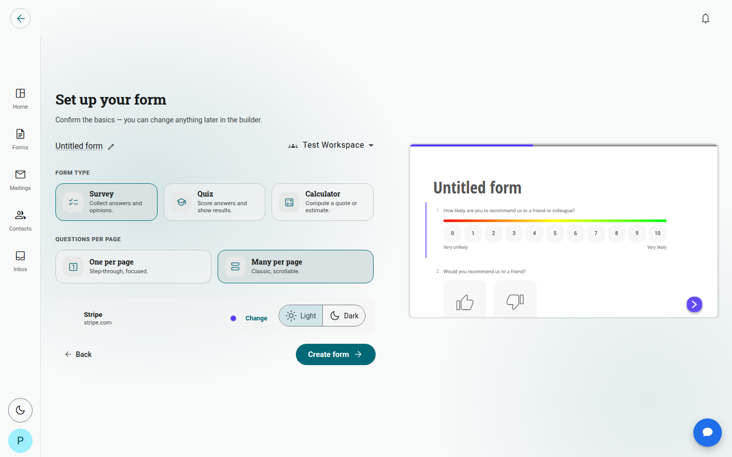 The 'Set up your form' screen, with Form type and Questions per page options