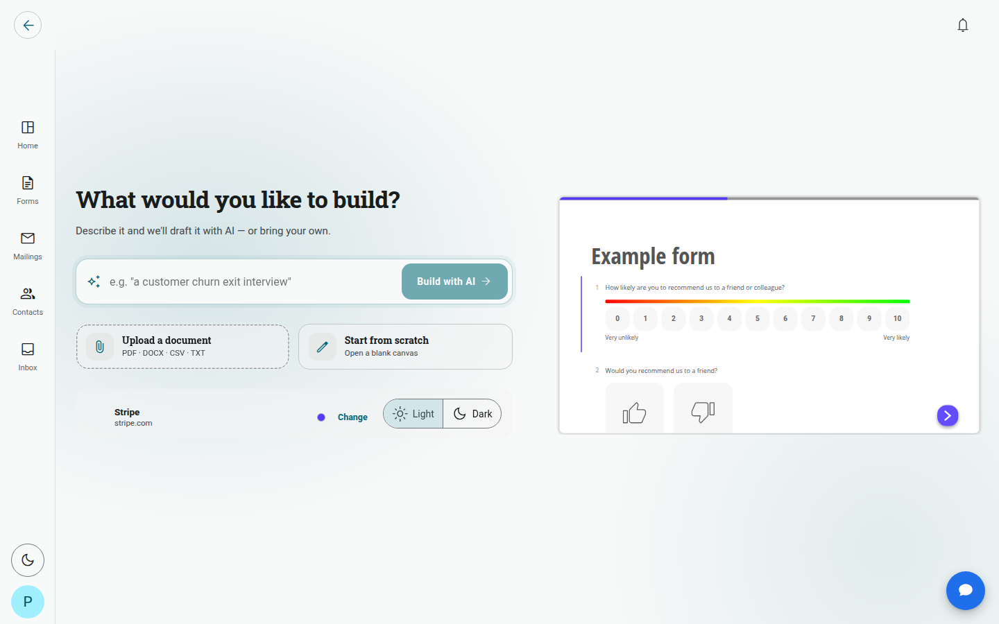 The 'What would you like to build?' screen, with an AI prompt box, Upload a document, and Start from scratch options