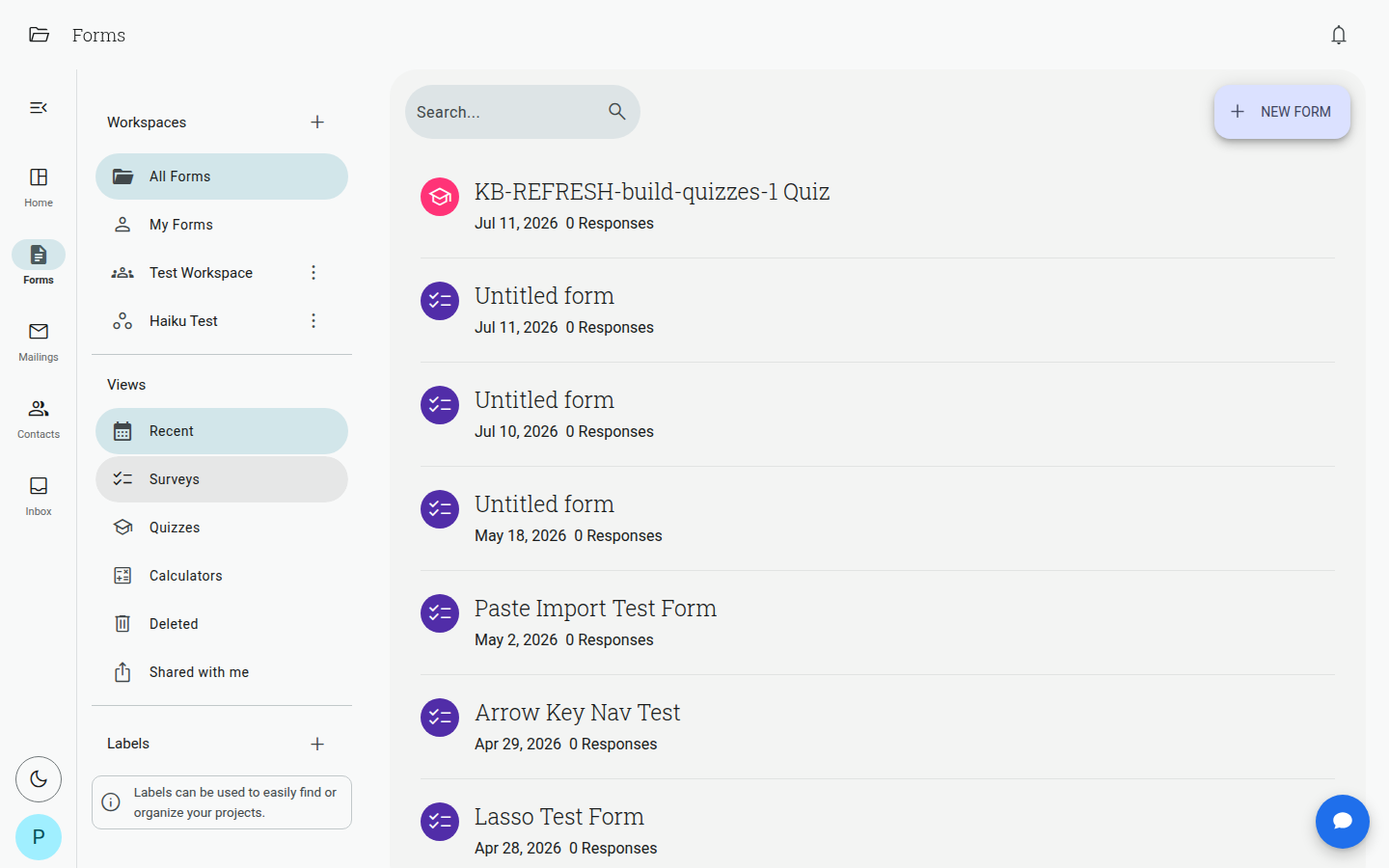 Forms dashboard, with the New Form button top right