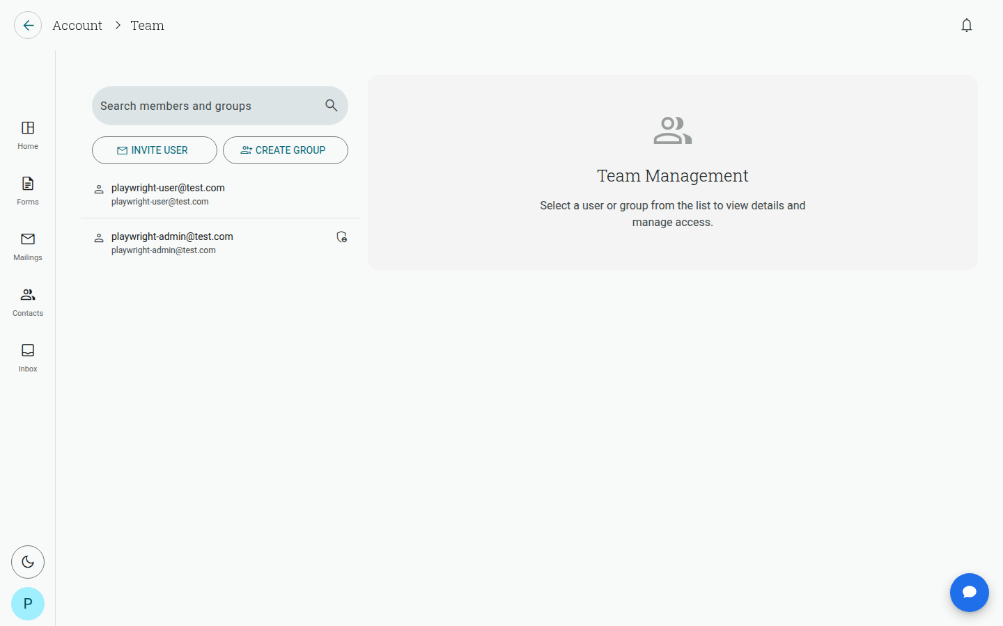 Team Management screen