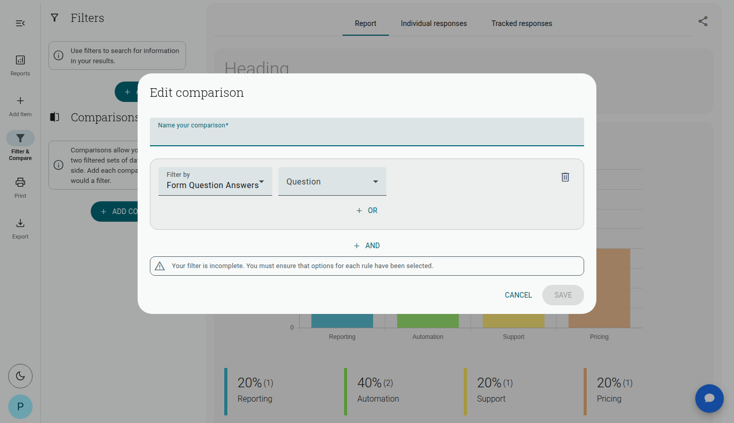 Edit comparison dialog, showing the required Name your comparison field above the same Filter by / Question controls used for filters