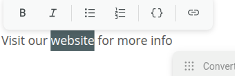 The text formatting toolbar above a highlighted word, showing Bold, Italic, bullet list, numbered list, variable, and link icons