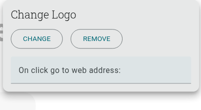 The Change Logo popup, with Change and Remove buttons and an 'On click go to web address' field