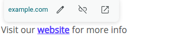 Clicking a linked word shows a small popup with the target URL, an edit (pencil) icon, an unlink icon, and an open-in-new icon