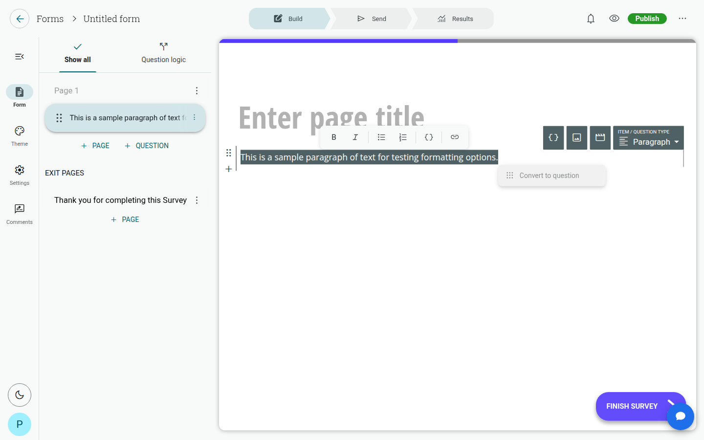 Formatting toolbar shown above a selected line of text, with Bold, Italic, Bullet list, Numbered list, Insert variable and Link options