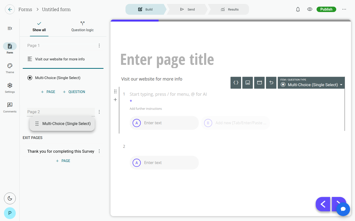 Dragging a question in the Form tab's page list, with a drop-position line showing where it will land