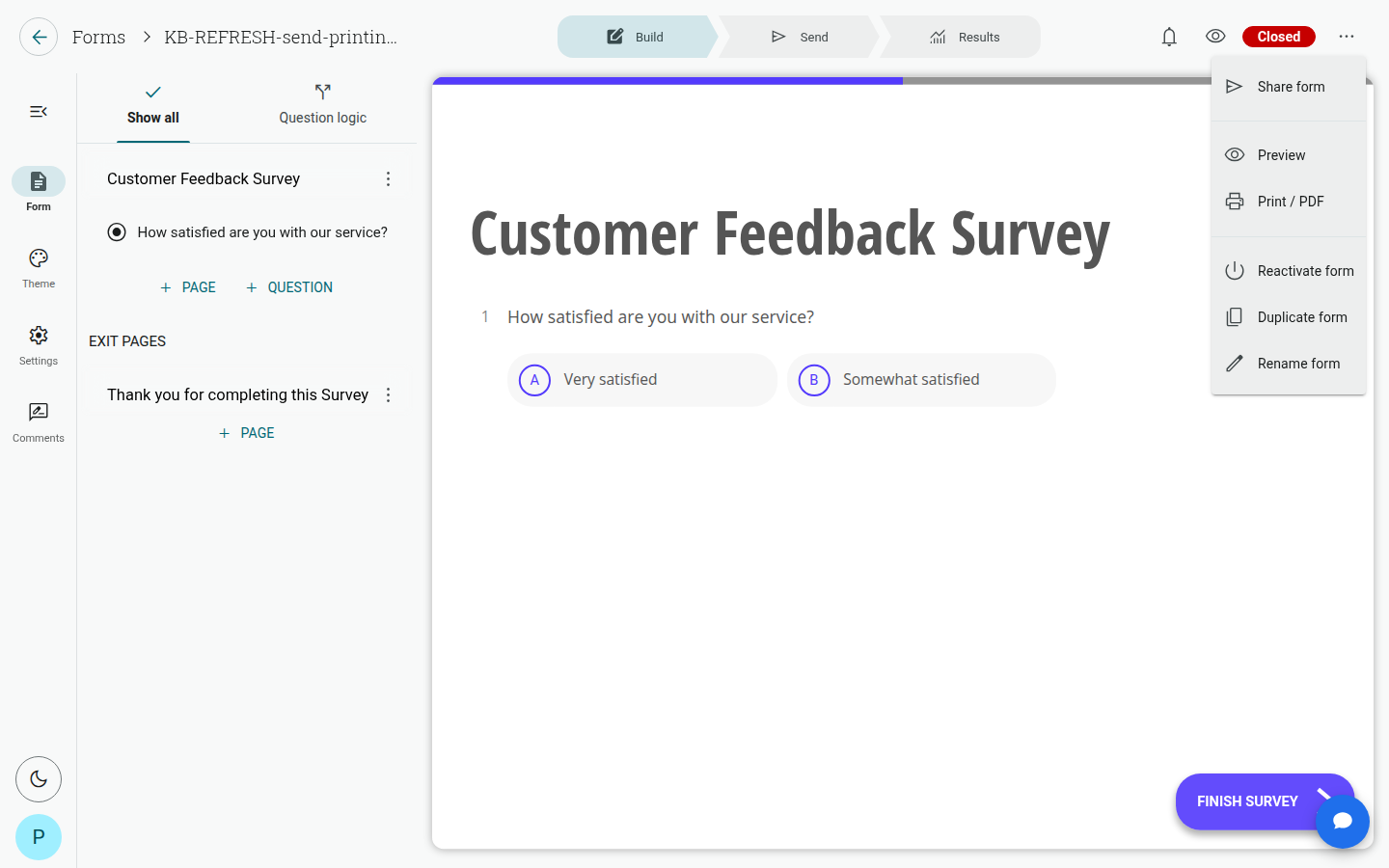 Print / PDF option in the form's more options menu