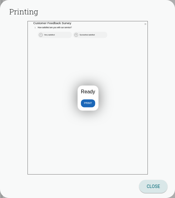 The Printing dialog showing a Ready preview with a Print button