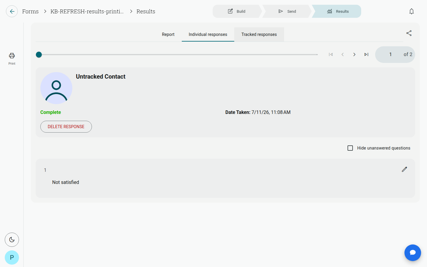Individual Responses view, showing the response navigator, contact card, and the Print icon in the left sidebar