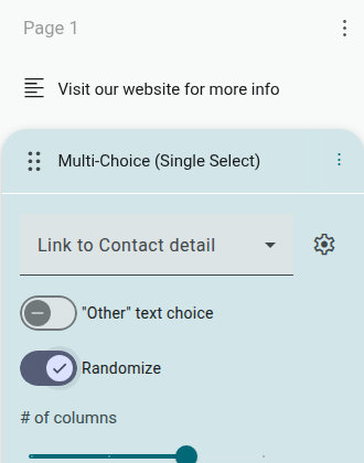 The Question Settings Bar with the Randomize toggle enabled, alongside Link to Contact detail and 'Other' text choice