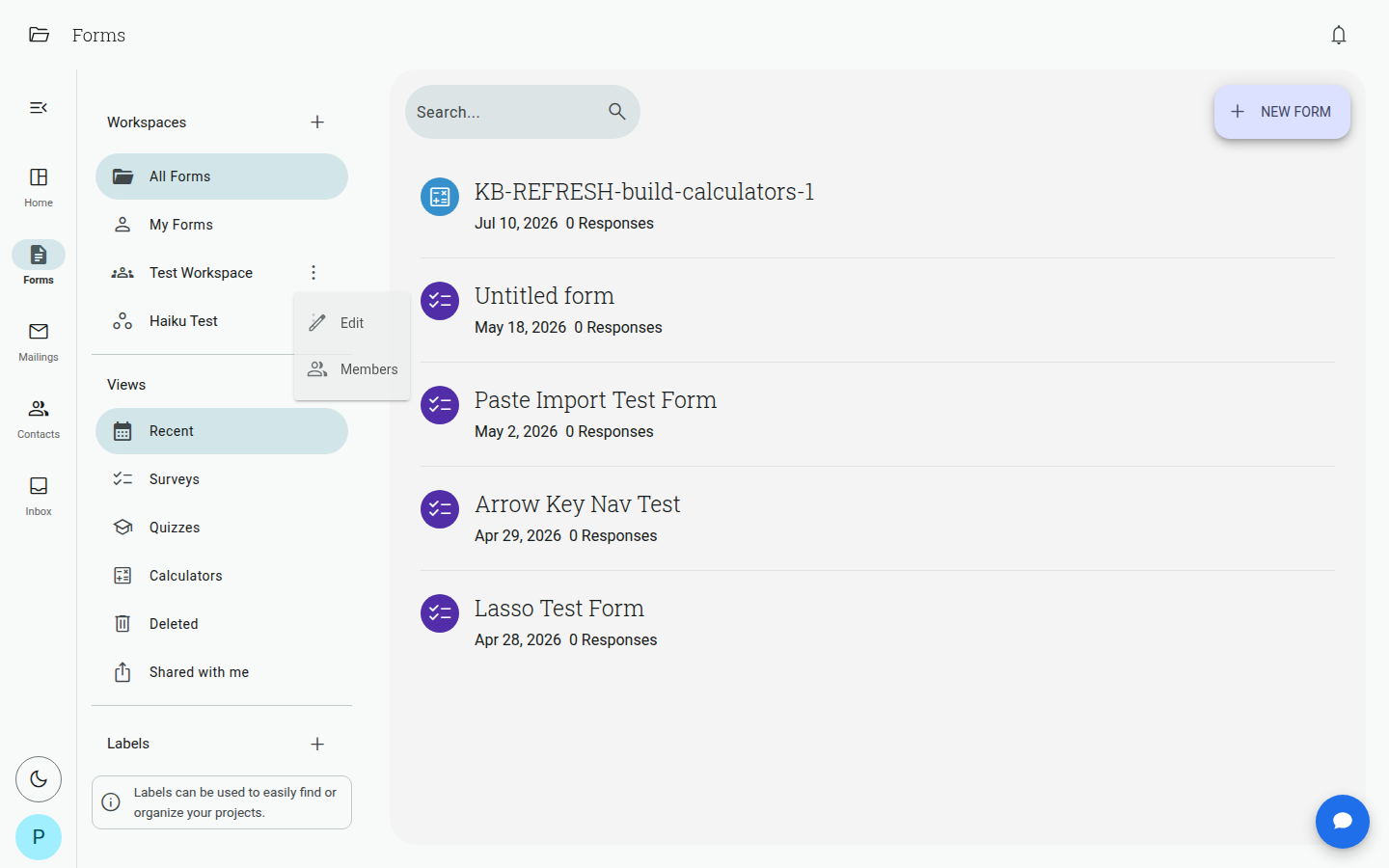 Workspace context menu