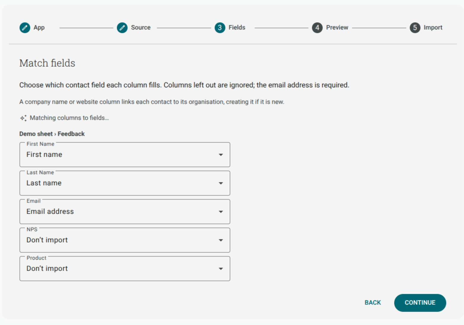 The app-import Fields step while Shout automatically matches source columns to contact fields