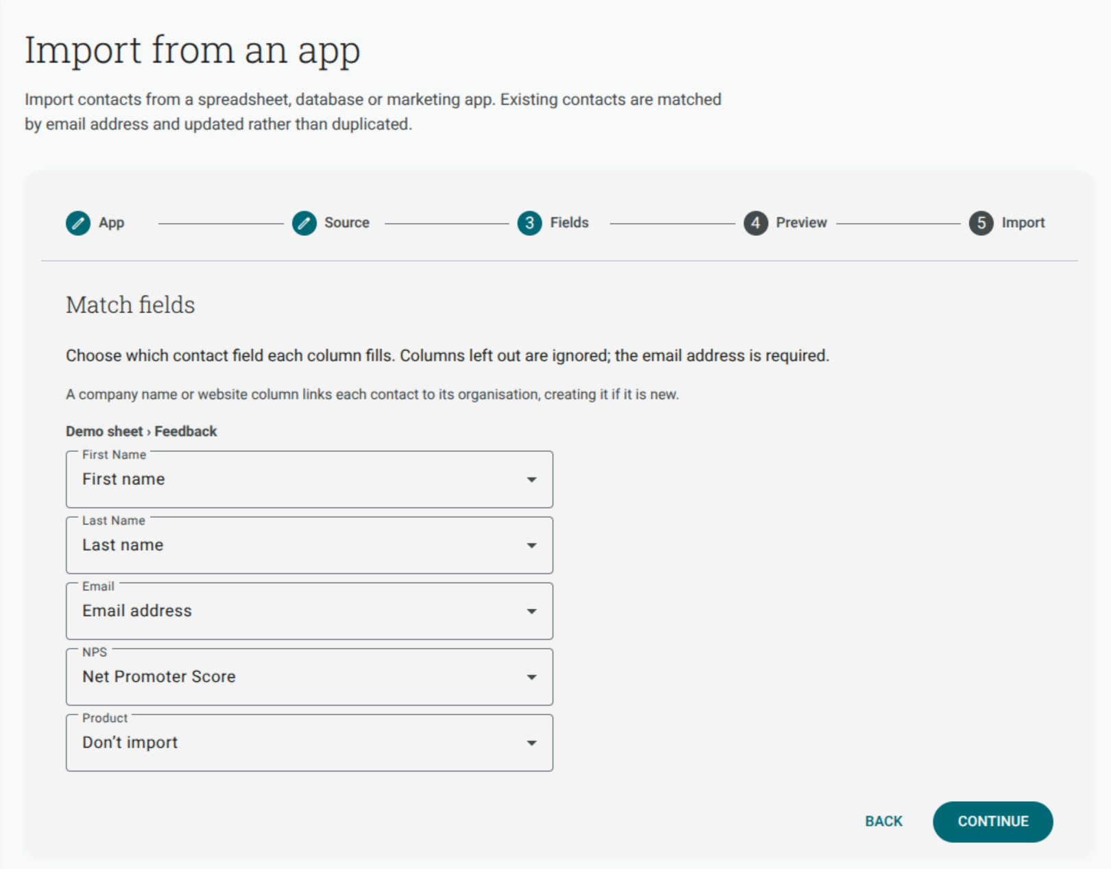 The app-import Fields step with source columns mapped to contact fields