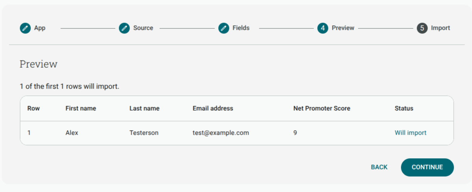The app-import Preview step showing 1 of the first 1 rows will import: Alex Testerson, test@example.com and Net Promoter Score 9