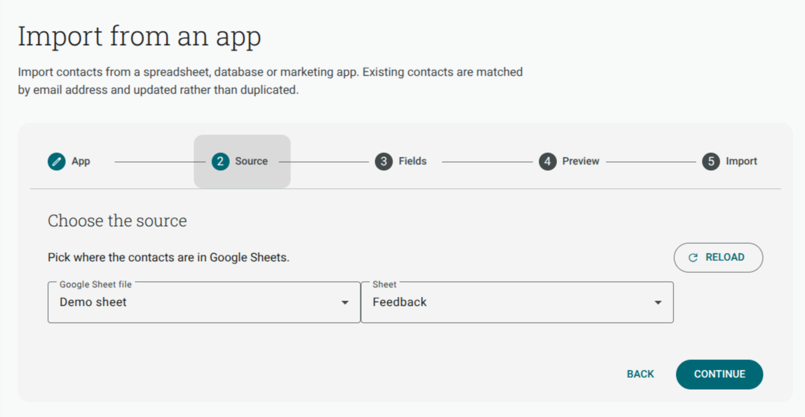 The app-import Source step with the Demo sheet and Feedback worksheet selected