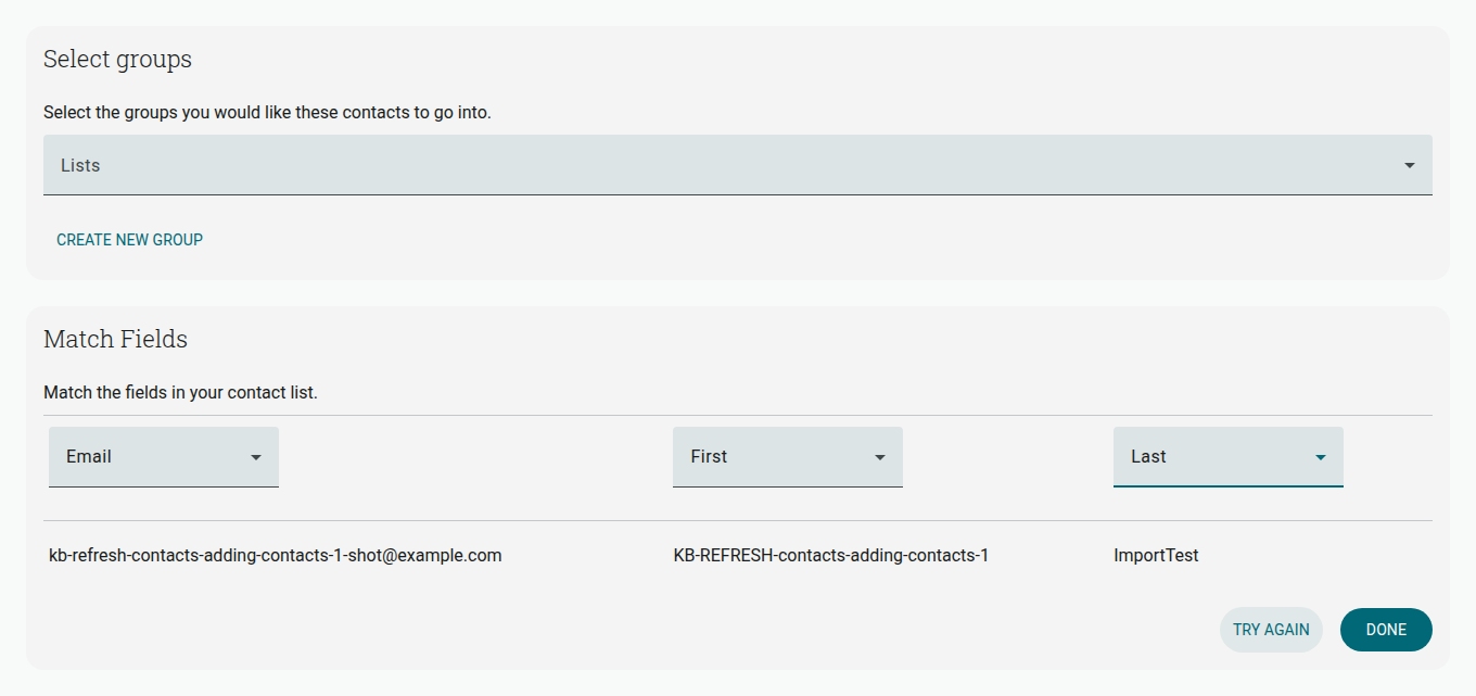 The Select groups and Match Fields step of the contact importer, showing dropdowns mapping the pasted columns to Email, First and Last name