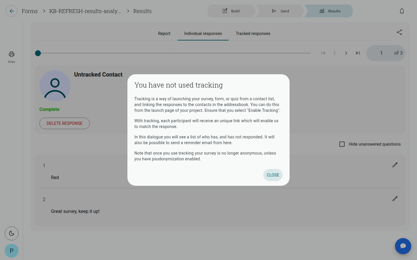 Tracked responses tab showing the "You have not used tracking" explainer