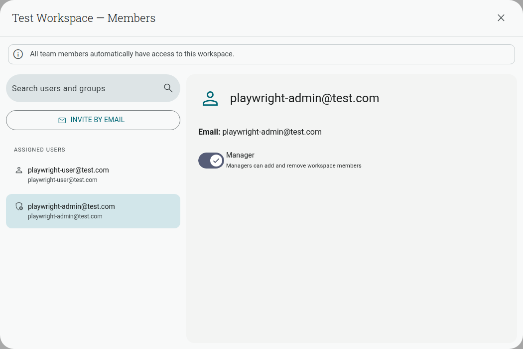 Workspace Members dialog with a member selected