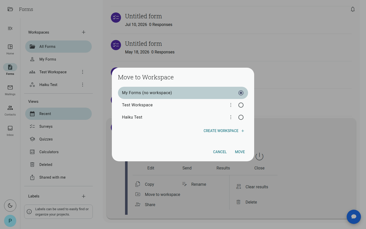 The Move to Workspace dialog, listing available workspaces with a Create workspace option