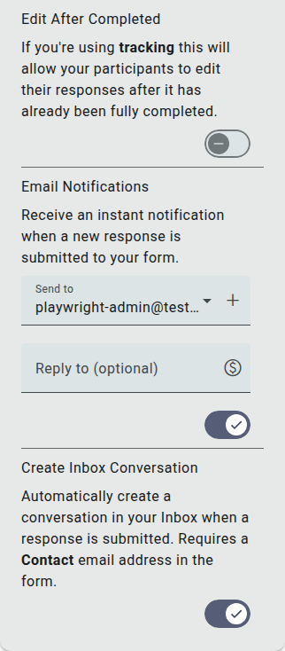 Email Notifications in the Completion & Notifications panel