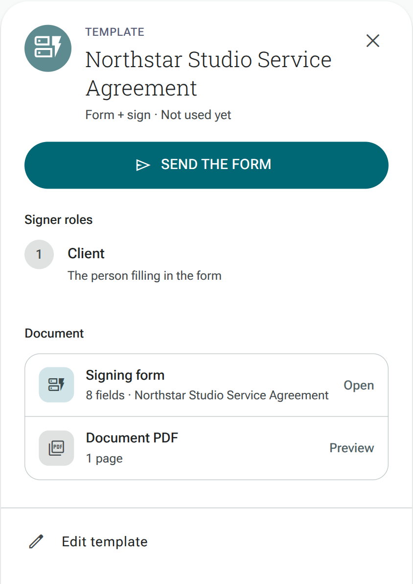 Form plus sign template showing signer role, PDF preview and Send the form
