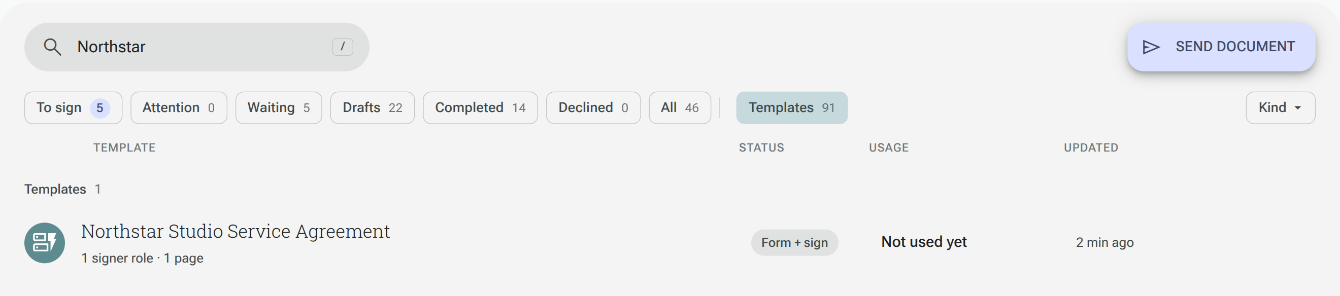 Northstar agreement listed in the Templates view